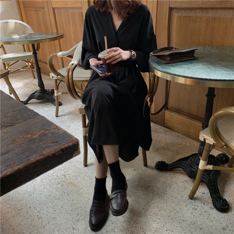 Осеннее платье 2019 женское однотонное шифоновое длинное повседневное с v-образным