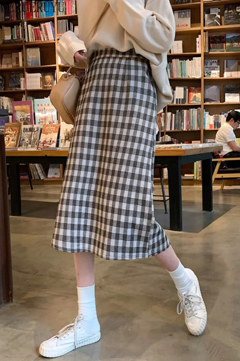 

WERUERUYU woolen skirt Women Midi Skirt Autumn Winter Thick Warm A Line Skirt High Waist Plaid Sweater Skirts