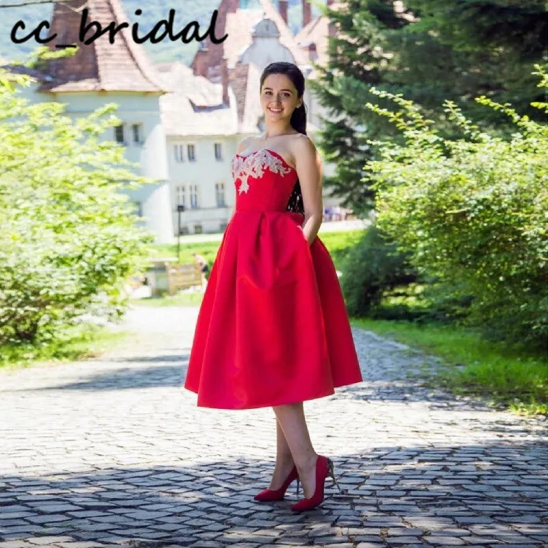 

Beautiful Red Satin Prom Dress With Pocket 2020 Sweetheart A-line Short rochii Dresses Woman Party night Backless robe de soiree
