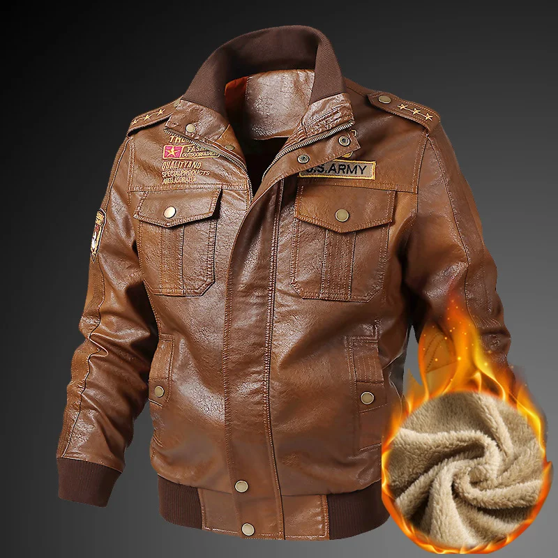 Мужская мотоциклетная куртка из искусственной кожи однотонная в стиле милитари