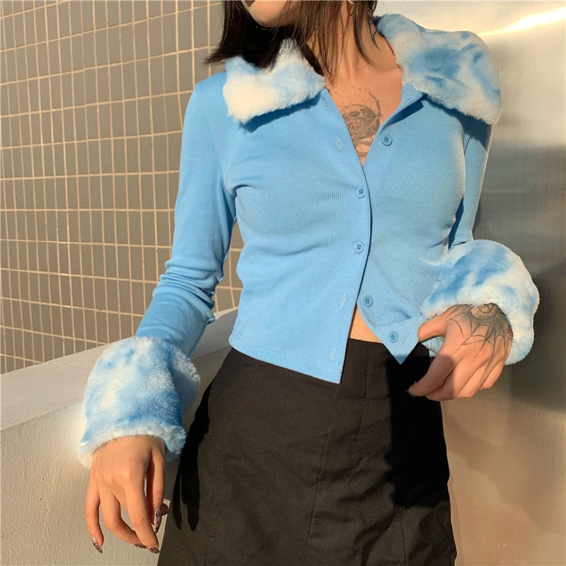 

# Sisjuly# Macarons Blue Plush Stitching Long Sleeve Sweater Short Coat Women's All-Match Figure Flattering Knit Cardigan