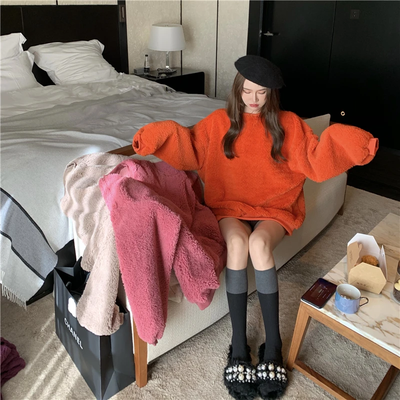 4 цвета корейский стиль свободный Однотонный свитер с мехом ягненка пуловер