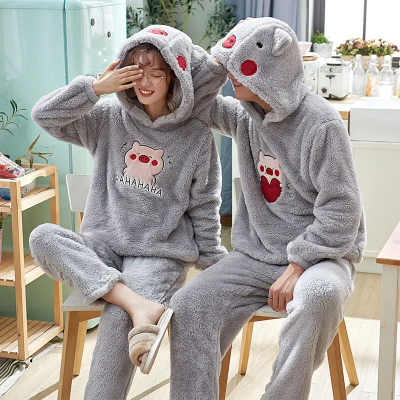 

Cartoon Couple Pajamas Set Flannel Thermal Sleepwear Winter Thick Women's Pyjamas Men's Pijamas Lovers' Home Clothes Night Wear