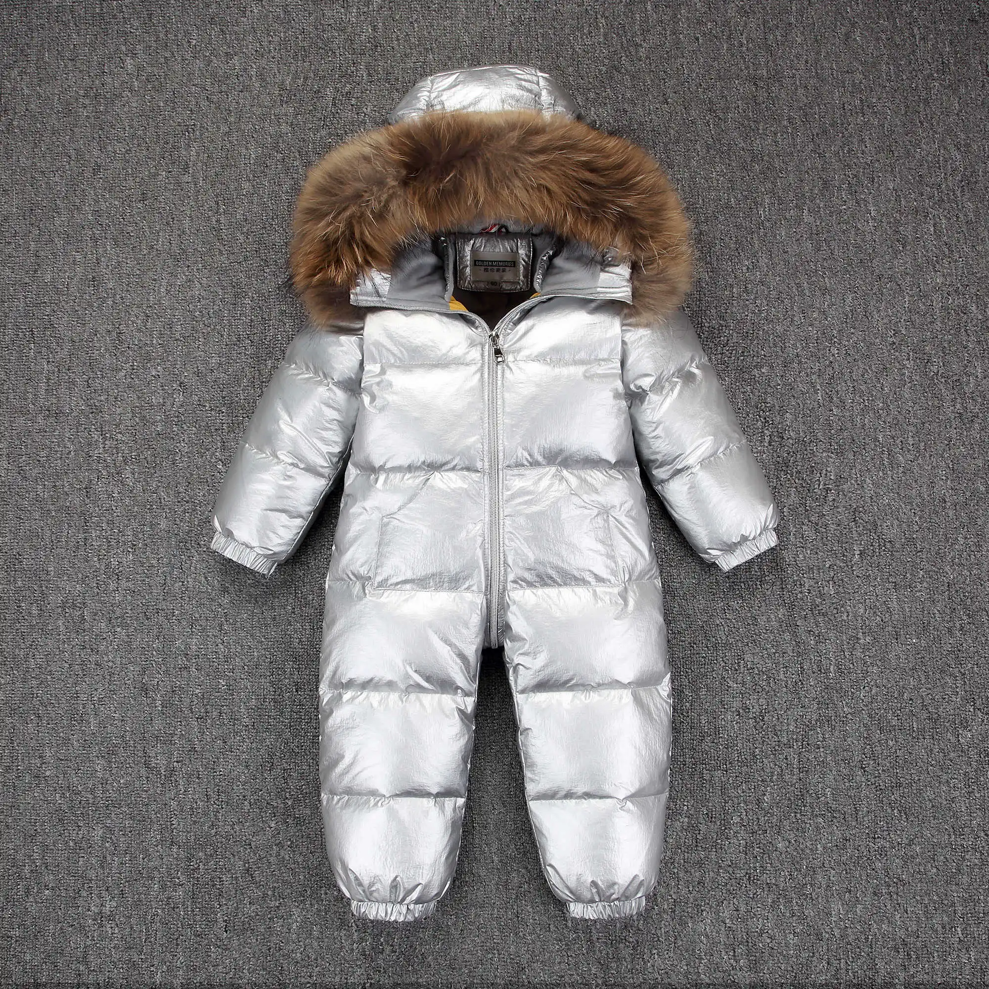 silver Raccon fur Детский Пуховый комбинезон, зимние детские зимние костюмы для малышей, серебристо-белый комбинезон, утепленные детские комбинезоны с натуральным лисьим мехом - Цвет: silver Raccon fur