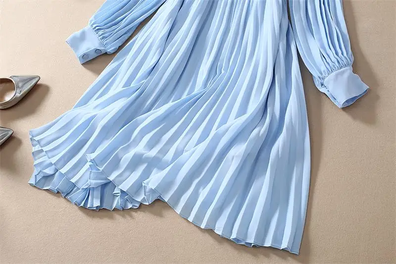 

Women Runway Dress 2020 High Quality Spring Summer Stand Collar Long Sleeve Embroidery Elegant Pleated Dresses Vestidos