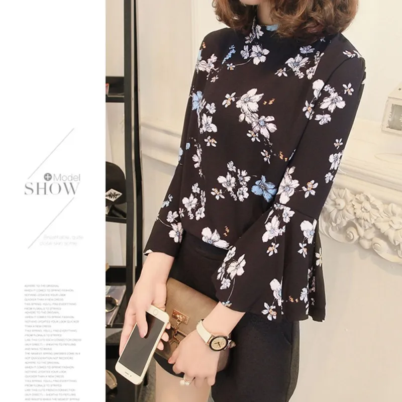 Женская Осенняя шифоновая блузка с цветочным рисунком рубашка расклешенными