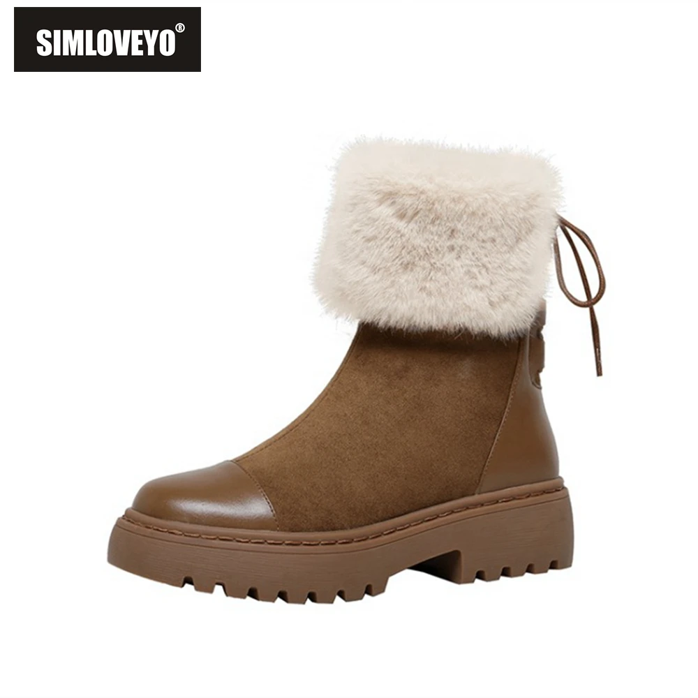 

SIMLOVEYO Women fur Boots Plush Flat 5cm Heel Cow leather Suede Lace up Fur Big 34-40 Black Brown Casual Winter Autumn B2131
