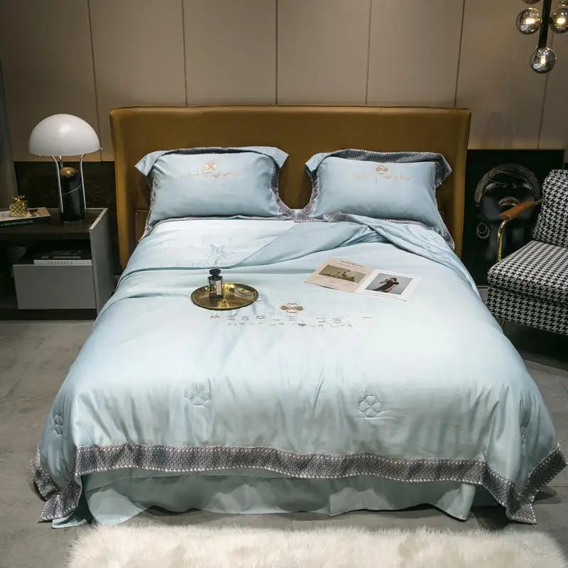 Ice silk cool sense embroidery summer by air conditioning summer skin-friendly sleep ice silk summer by four sets