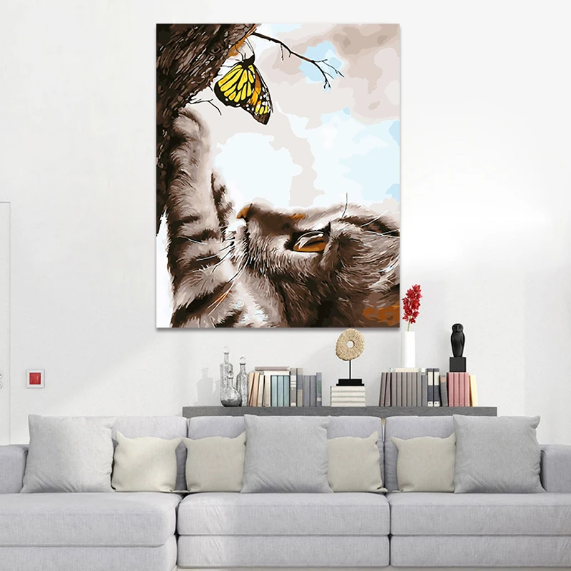 Diy Краска по номерам рисунок с наборами котенок и Бабочка Ручная роспись