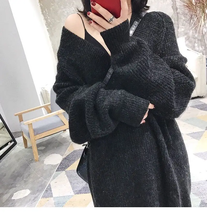 

Women Long Sleeve Pure Color Long Skirt Autumn Winter Knitted Sweater Dress