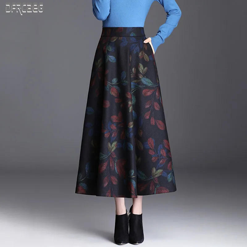 Женская шерстяная юбка с цветочным принтом теплая длинная трапециевидной формы