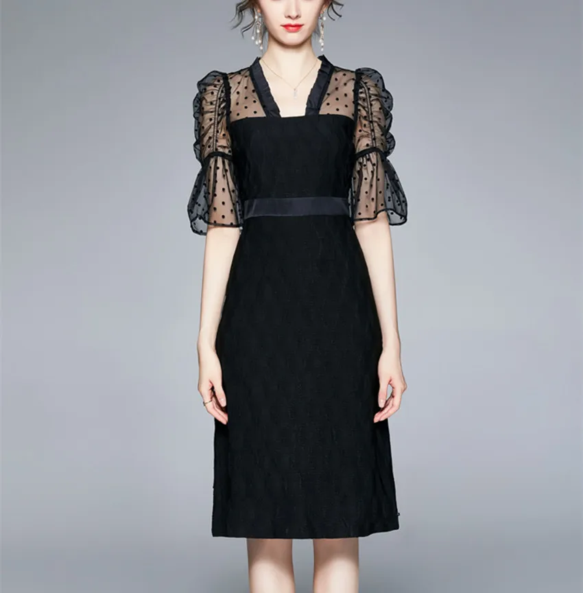 

JSXDHK Black Office Ladies Sheath Dress Elegant Summer Mesh Wave Point Patchwork Flare Sleeve Dot Bodycon Slim Dresses For Women
