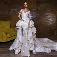 traugel scoop mermaid 2 in 1 wedding dresses applique sequins long sleeve lace detachable train bridal gown plus size for bride