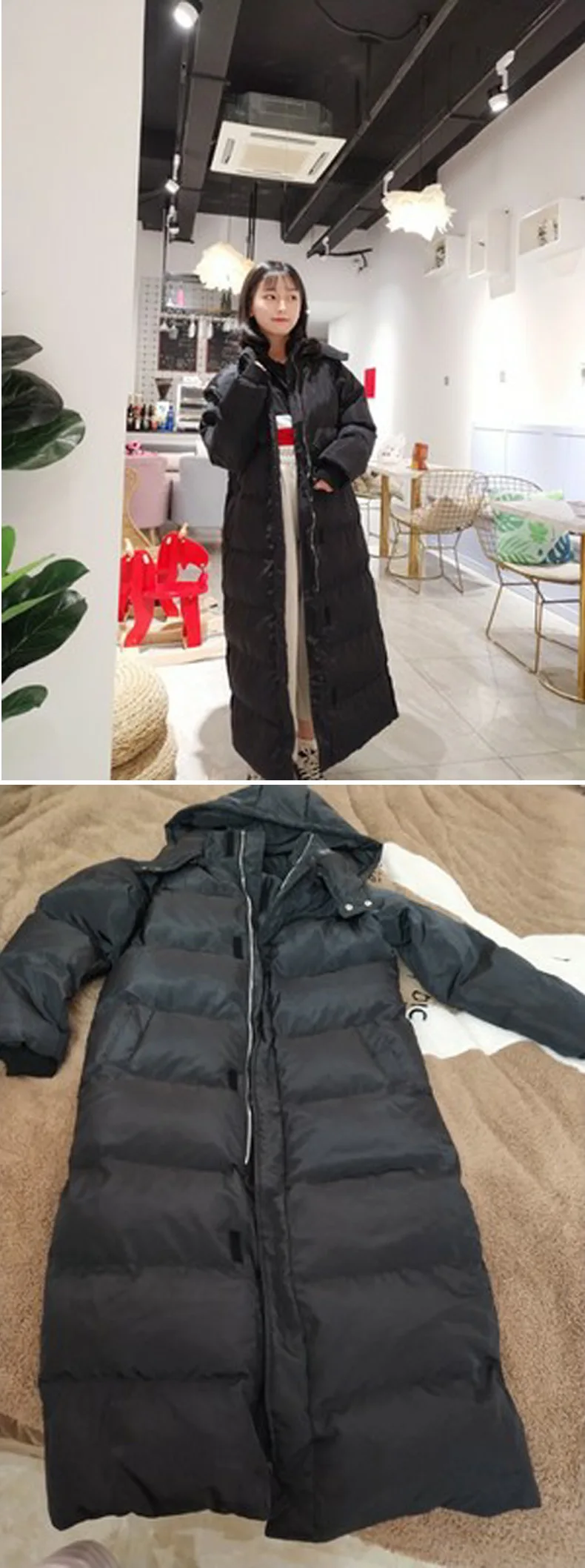 

Split Ankle Lenght Hooded Cotton Padded Overcoat Loose Thickened X-long Women Parkas Black