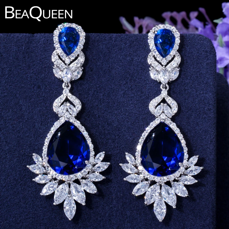 BeaQueen, роскошные, королевские, синие, капли воды, CZ Кристалл, для женщин, свадебные ювелирные изделия, длинные, свадебные серьги с прозрачным кубическим цирконием E081