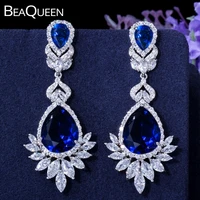 beaqueen luxury royal blue water drop cz crystal women wedding jewelry long bridal earrings with clear cubic zirconia e081