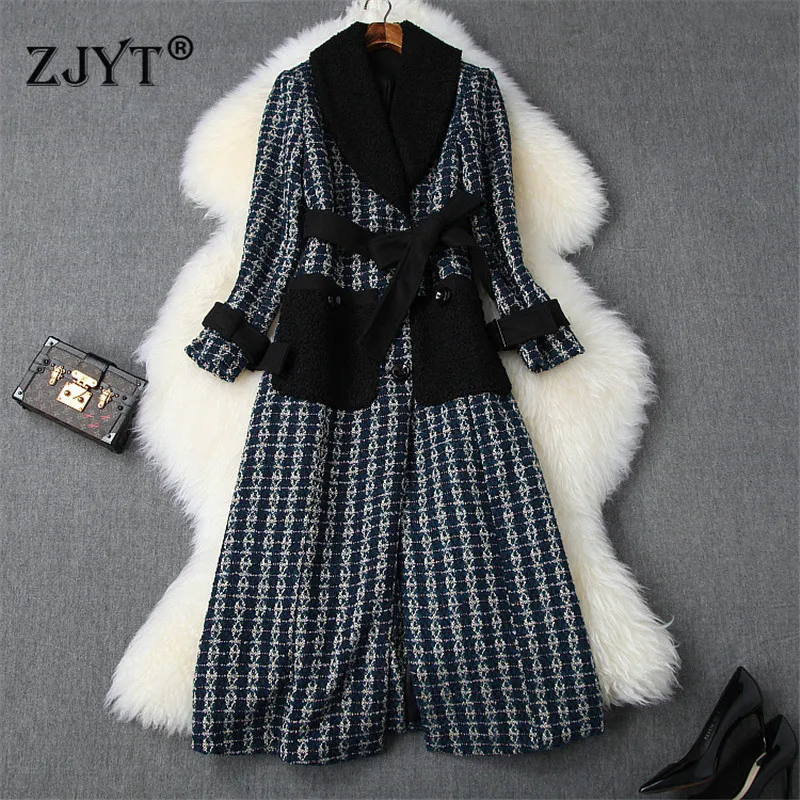 Runway Fashion Winter Tweed Woolen Jackets and Coats Women Elegant Lady Lace Up Vintage Long Wool Blend Overcoat Outerwear