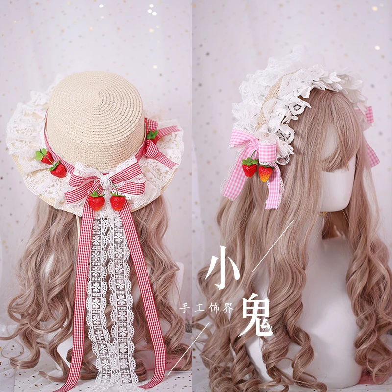 Sweet Kawaii Strawberry Lace Bow Lolita KC Headband Japanese Soft Girl Pastoral Straw Hat Cap Hairpin Cosplay Hair Accessories