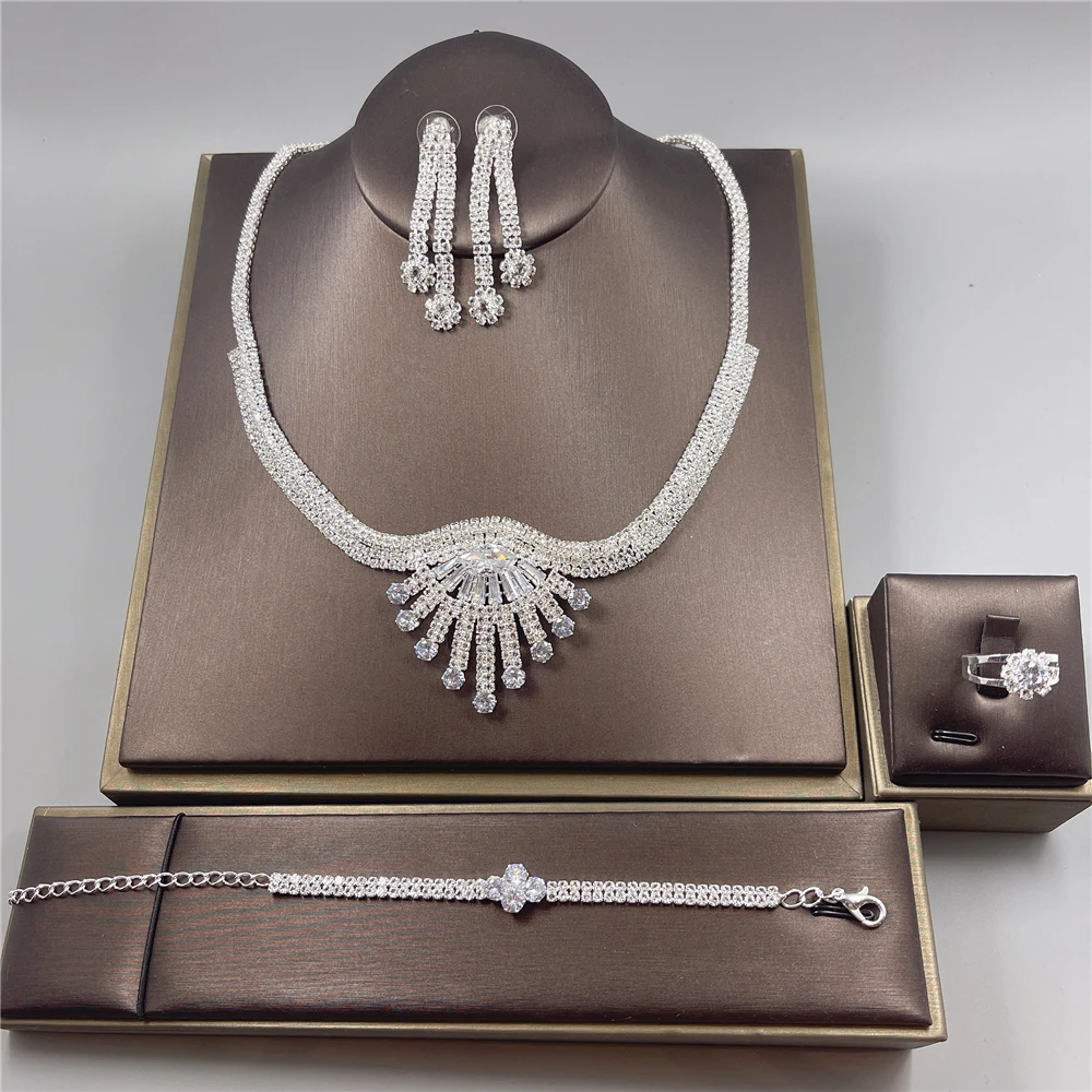 

Роскошные циркониевые круглые бусы Стразы ожерелье серьги кольцо браслет набор из 4 частей Блестящие модные элегантные женские свадебные у...