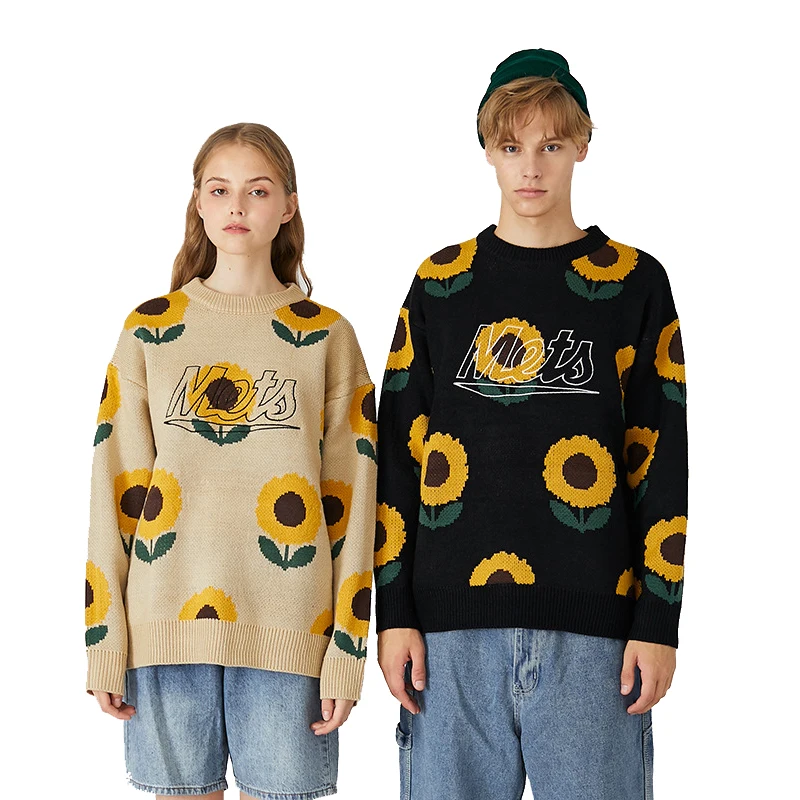 

Japanese Harajuku Knit Embroirdered Sunflower Sweater for Women and Men Cute Knitted Pullover Embroidery Floral Sunflower Jumper