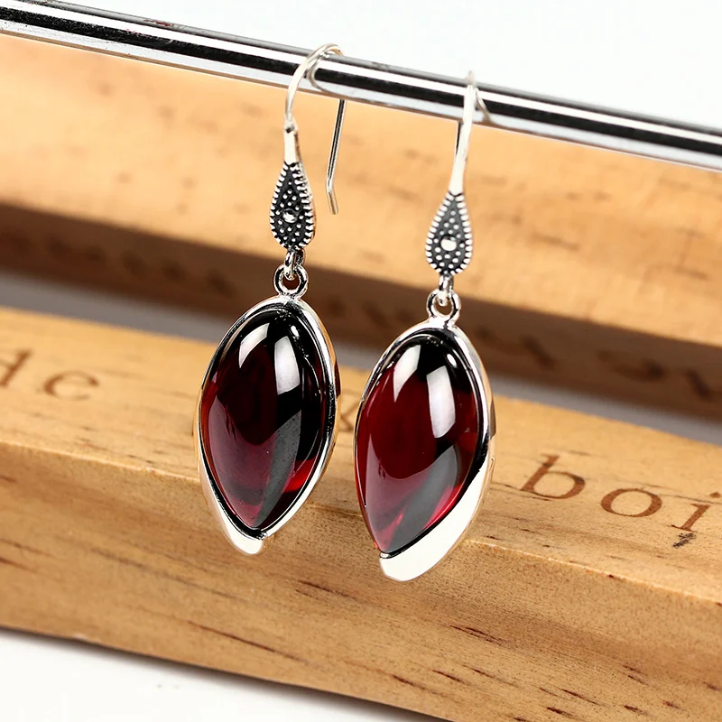 

ZHJIASHUN RETRO AGATE RUBY 100% 925 STERLING SILVER EARRING FOR WOMEN VINTAGE NATURAL GEMSTONES GARNET EARRINGS JEWELRY
