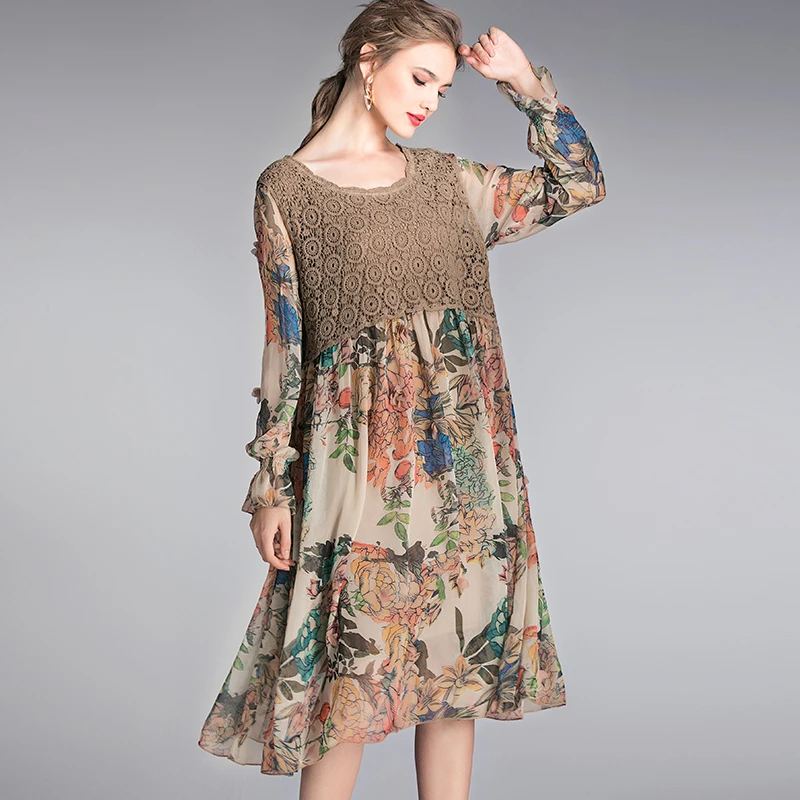 Женское шифоновое платье с цветочным кружевом размера плюс весеннее лоскутное