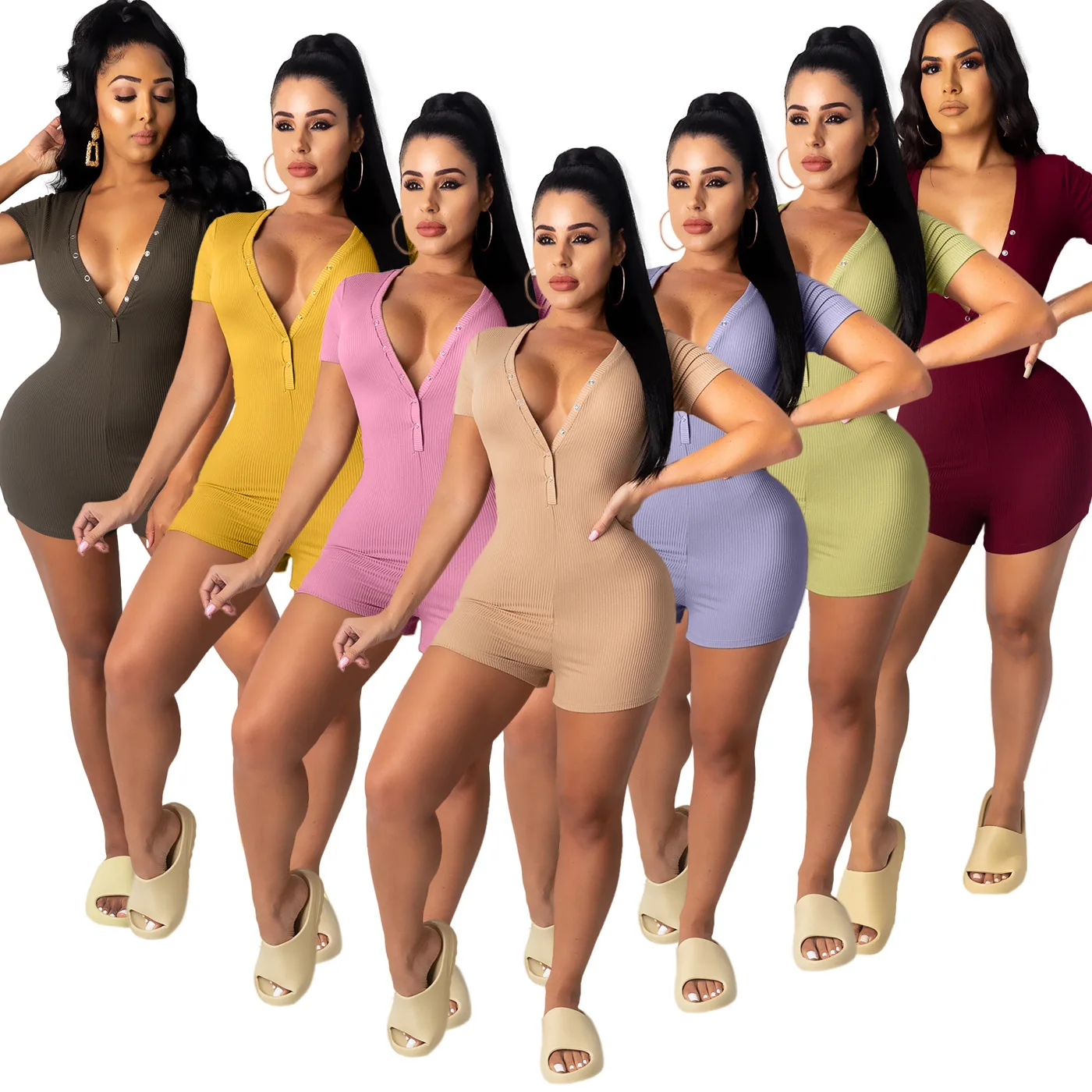 

A&BHelenss Solid Color Ribbed Playsuit Casual Short Sleeve Single Breasted V Neck Bodycon Short Jumpsuit Female Casual Romper