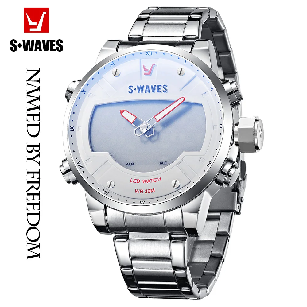 

SWAVES Analog Digital Watches Mens 2019 Luxury Silver White Watch Men Waterproof Stainless Steel Military Fashion Reloj Hombre