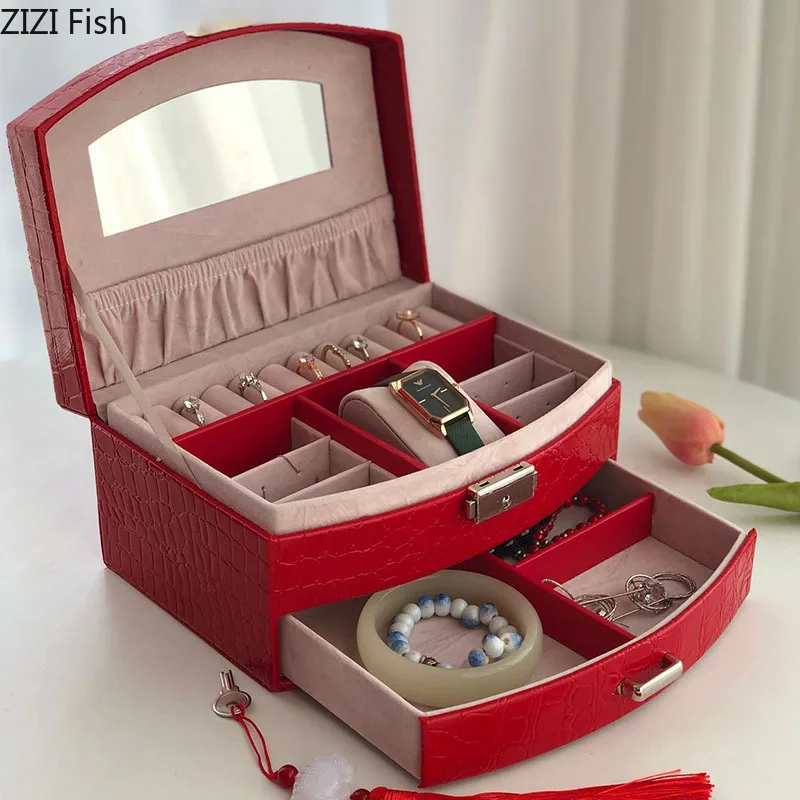 

European Vanity Mirror Makeup Box with Lock Dressing Table Bracelet Jewelry Organizer Imitation Snake Skin Leather Storage Box