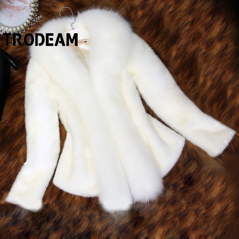 

Женское пальто из искусственного меха TRODEAM, теплое элегантное пальто с воротником из белого лисьего меха, Осень-зима 2021