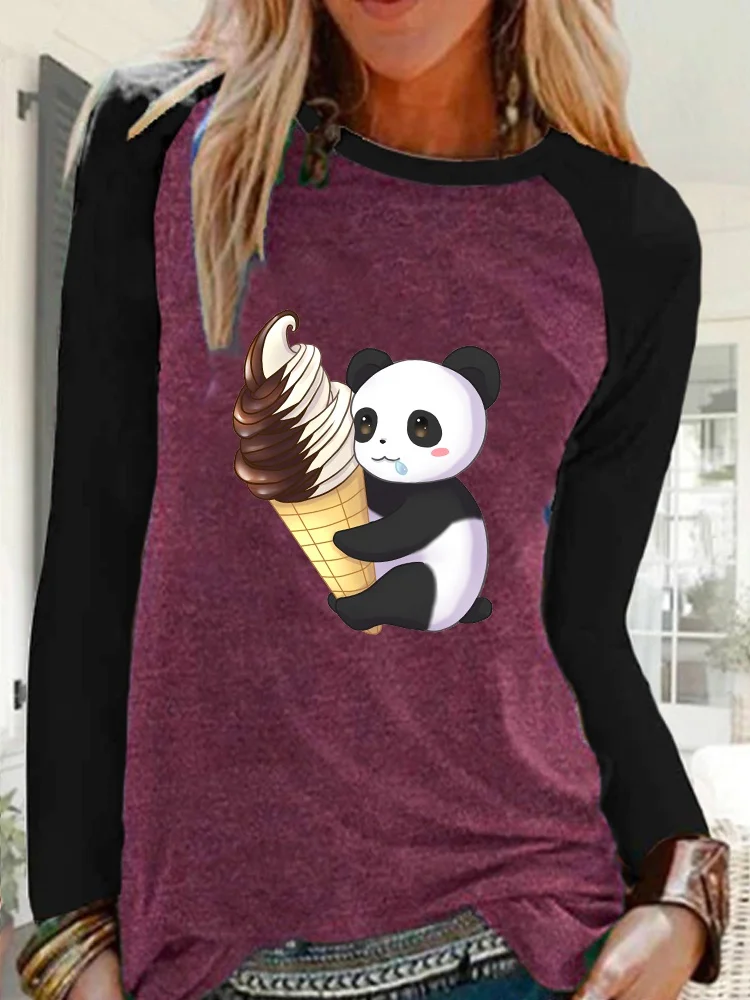 Женская рубашка с длинным рукавом круглым вырезом и принтом панды размера плюс -
