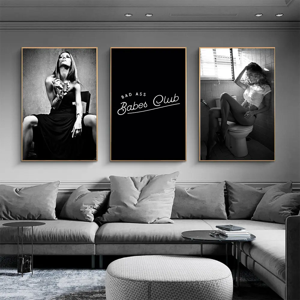 

Badass Babes Club Poster Woman Smoking Canvas Painting Black White Nordic Art Print Modern Wall Picture Living Room Home Decor