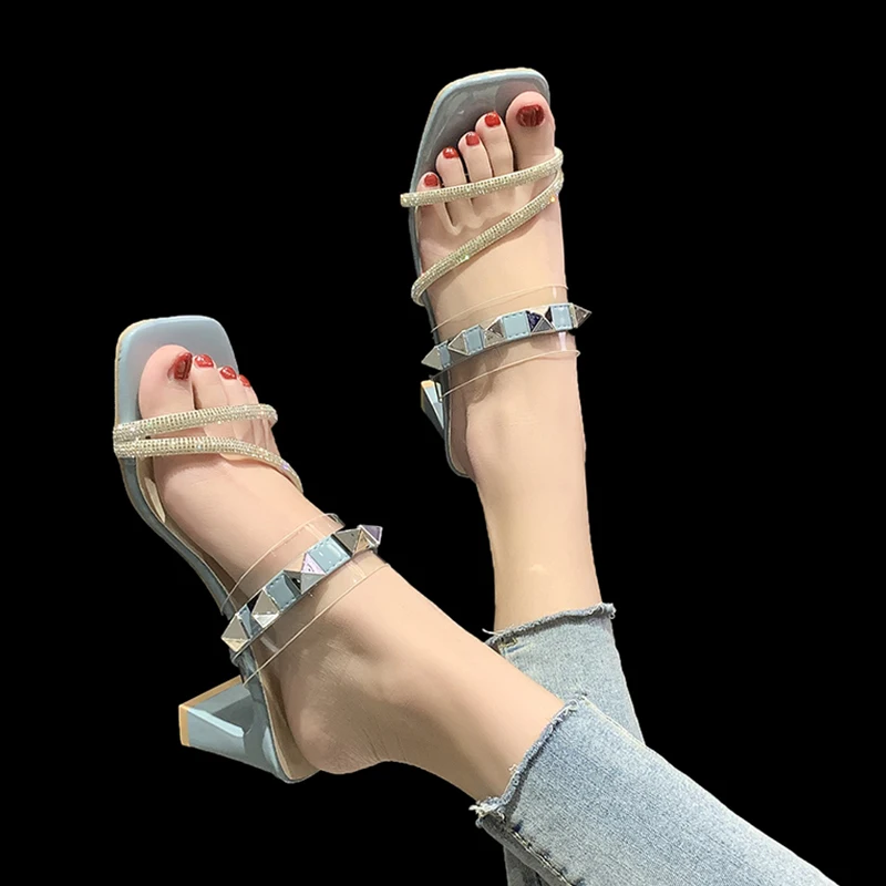 

Square Toe Block Heel Shoes Ladies' Slippers Heeled Mules Rivet Slipers Women Summer High 2021 Elegant Rome Slides PU Rubber