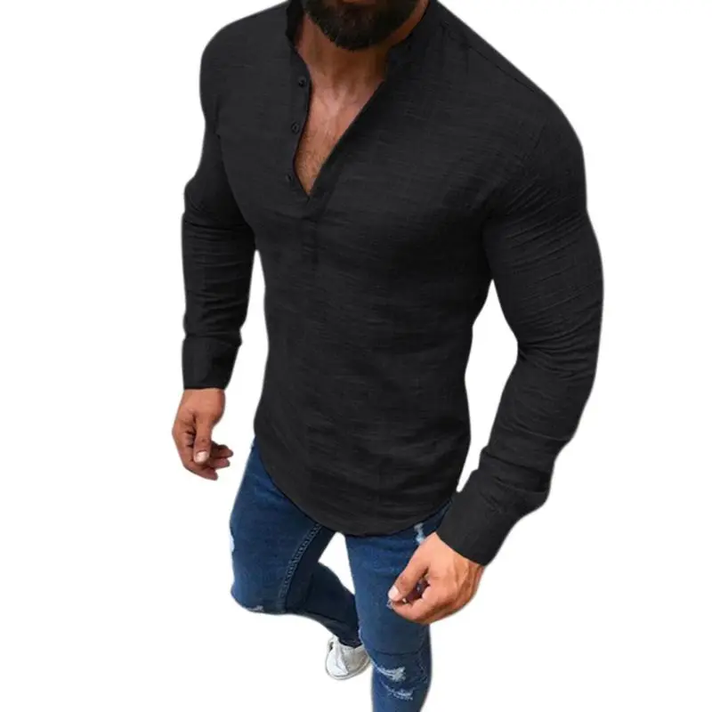 

Mens Linen Long Sleeve Tops V-Neck Button Up Shirts Business Solid Color Blouse U50C