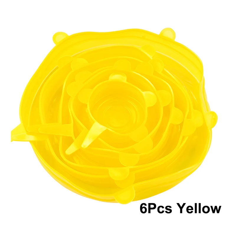 6Pcs Yellow 6 шт Силиконовые стрейч многоразовые крышки герметичные пищевые обертывания крышки сохраняют свежесть уплотнение Чаша эластичный обертывание крышка кухонная посуда - Цвет: 6Pcs Yellow