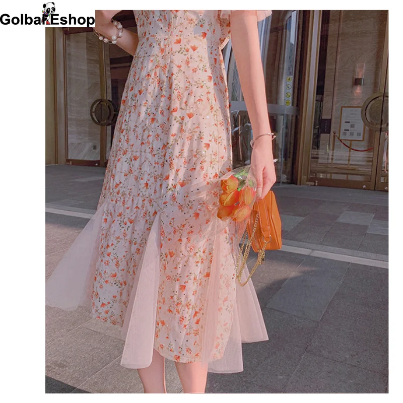 

2021 Women Fashion Print Beaded Vintage Dress Casual Party Midi Dress French Square Neck Puff Sleeve Dress Korean Dresses