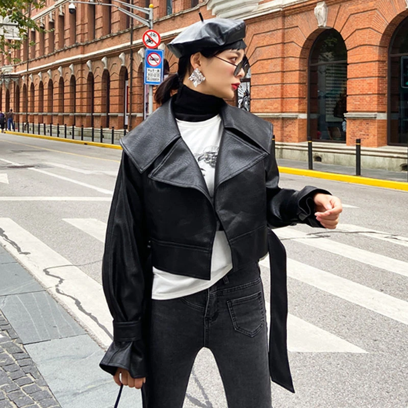 Куртка из искусственной кожи женская уличная с длинным рукавом пальто