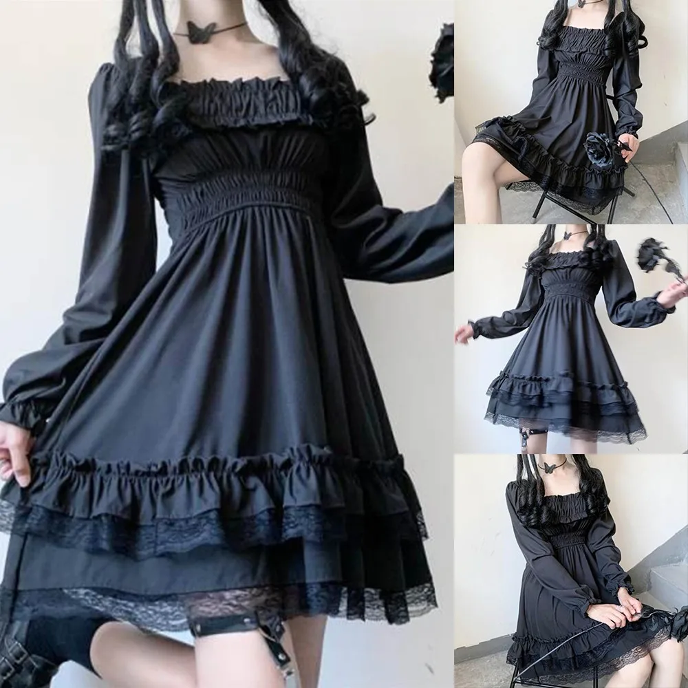

Japanese Style Lolita Princess Short Dress Women Boat Neck High Waist Party Lace Ruffles Party Black Mini Dresses 2022 NEW