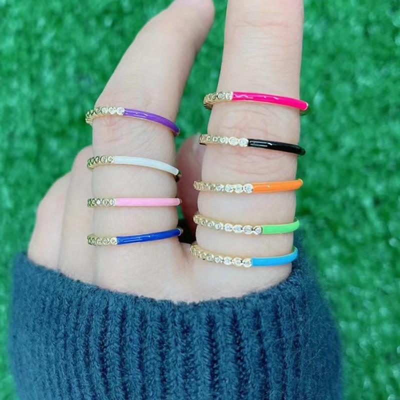 Кольцо с эмалью и фианитом для женщин девушек регулируемое кольцо золотым медным