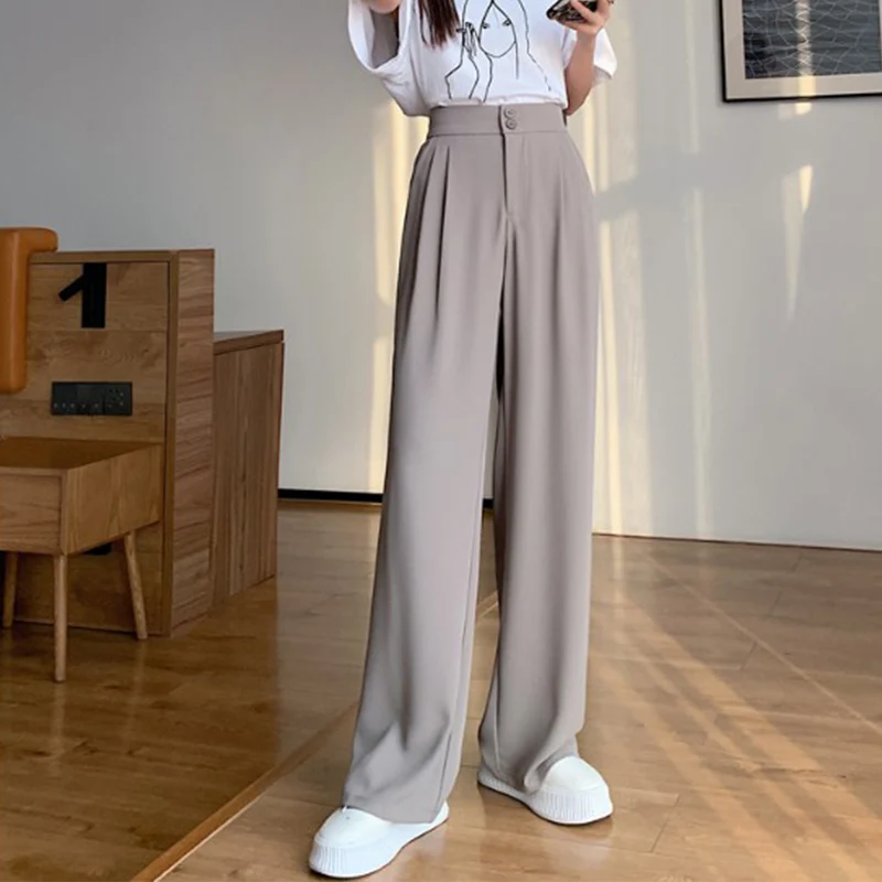 

Koren Fashion Summer Women's High Waist Wide Leg Suit Pants Solid Lengthen Casual Straight Trousers Female Office Lady Pant