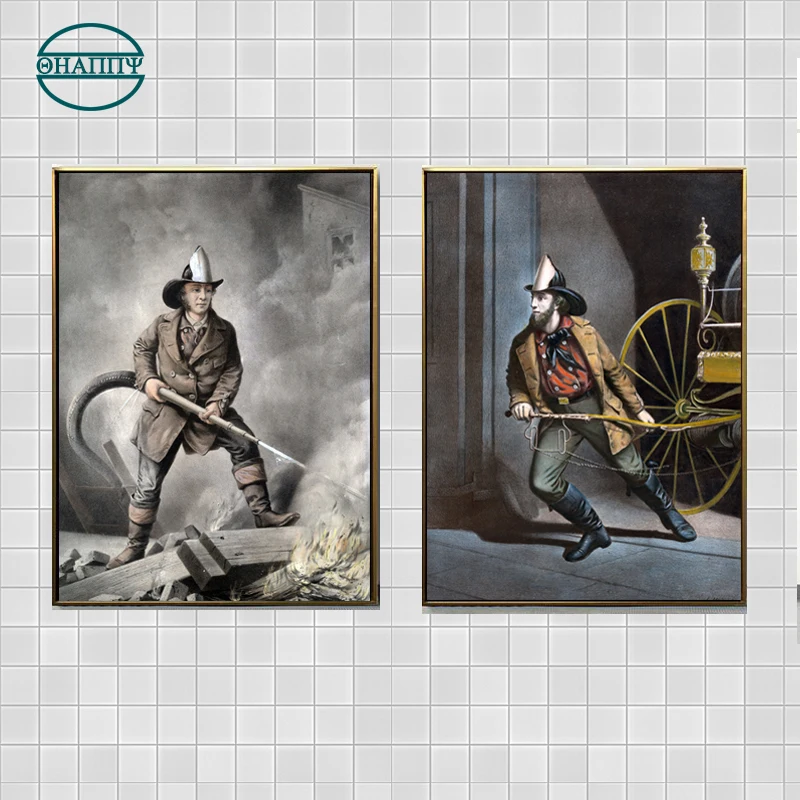 

Retro Firefighter Poster Canvas Painting FiremanWall Art Decorative Pringing For Living Room Fire Station Decor Unframed