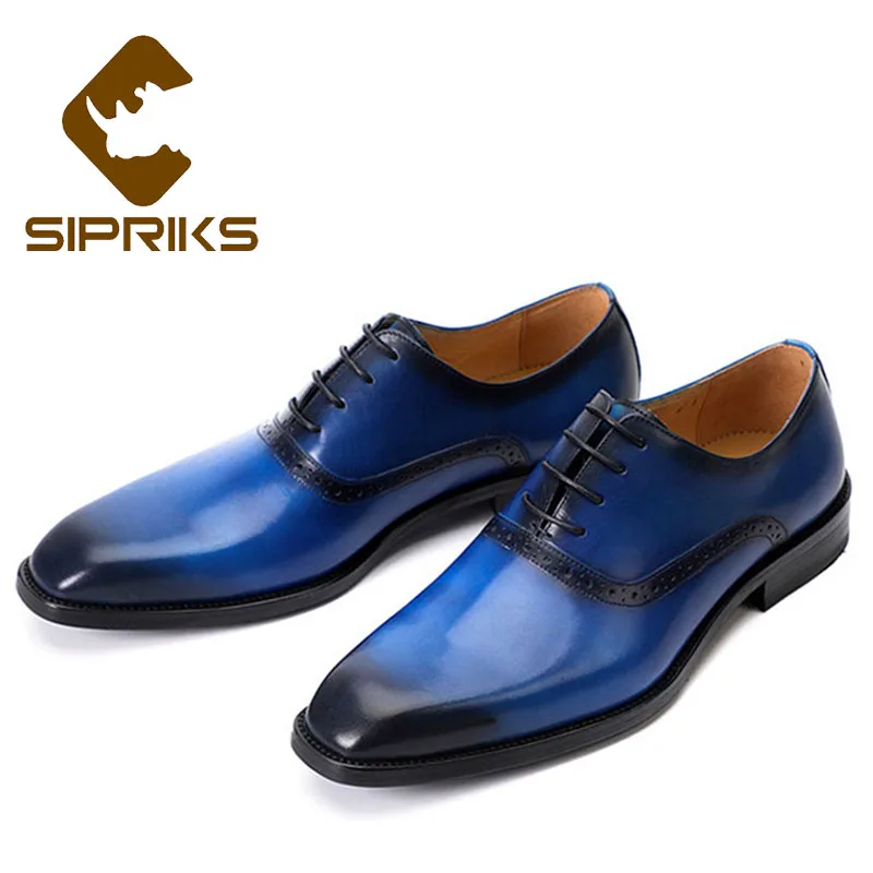 Sipriks/большие размеры 38-45; модельные оксфорды из натуральной кожи; мужские туфли-оксфорды; Синий Смокинг; элегантные черные офисные мужские костюмы - Цвет: Синий