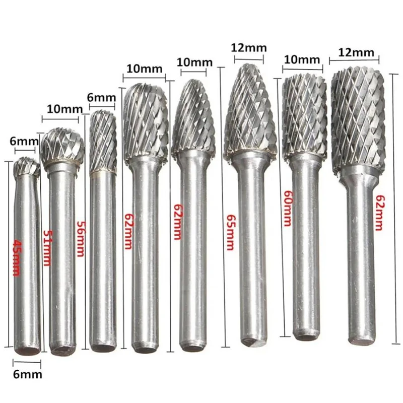 

8Pcs/set 6mm-12mm Tungsten Carbide Burr Bit 6mm Shank CNC Engraving Rotary Files Grinding Head Abrasive Tool