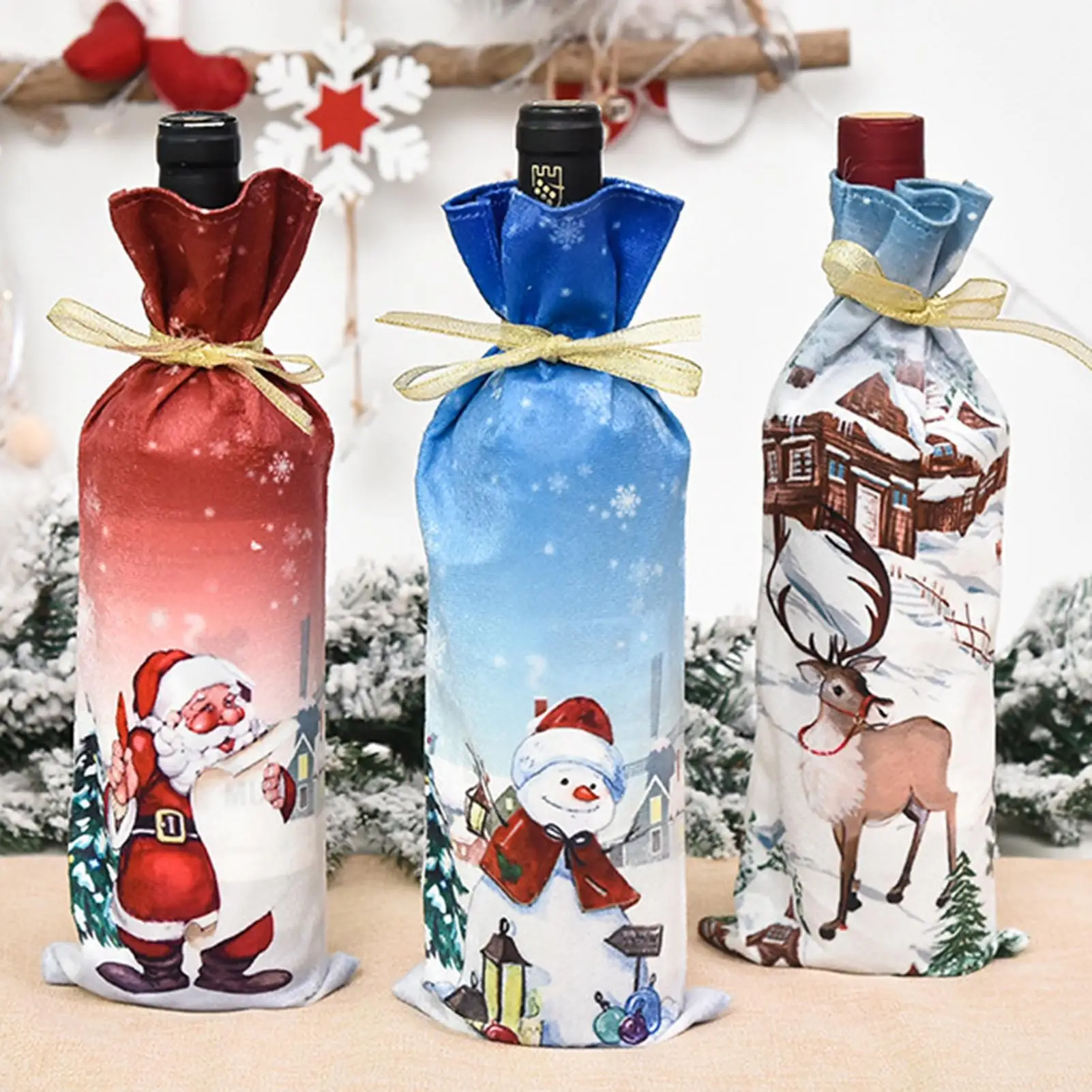 

Christmas Wine Bottle Drawstring Bag Champagne Bag Christmas Santa Snowman Elk Wine Bottle Cover Drawstring Candy Bag PartyDecor