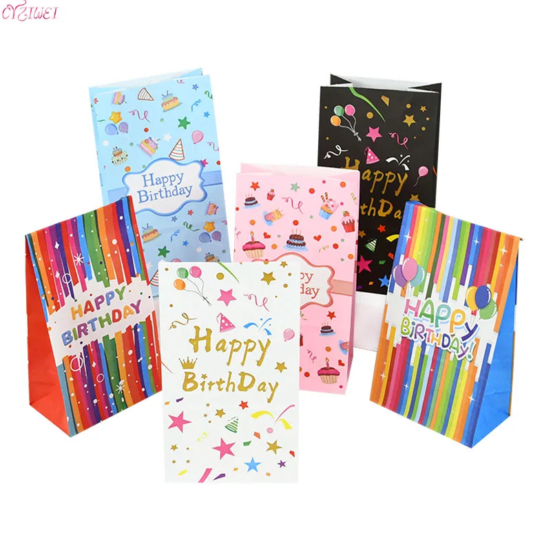 

10PCS Happy Birthday Gift Paper Bags Candy Bag Packaging Printed Pattern Cake Balloon Kids Boy Girl Baby Shower Favors Supplies