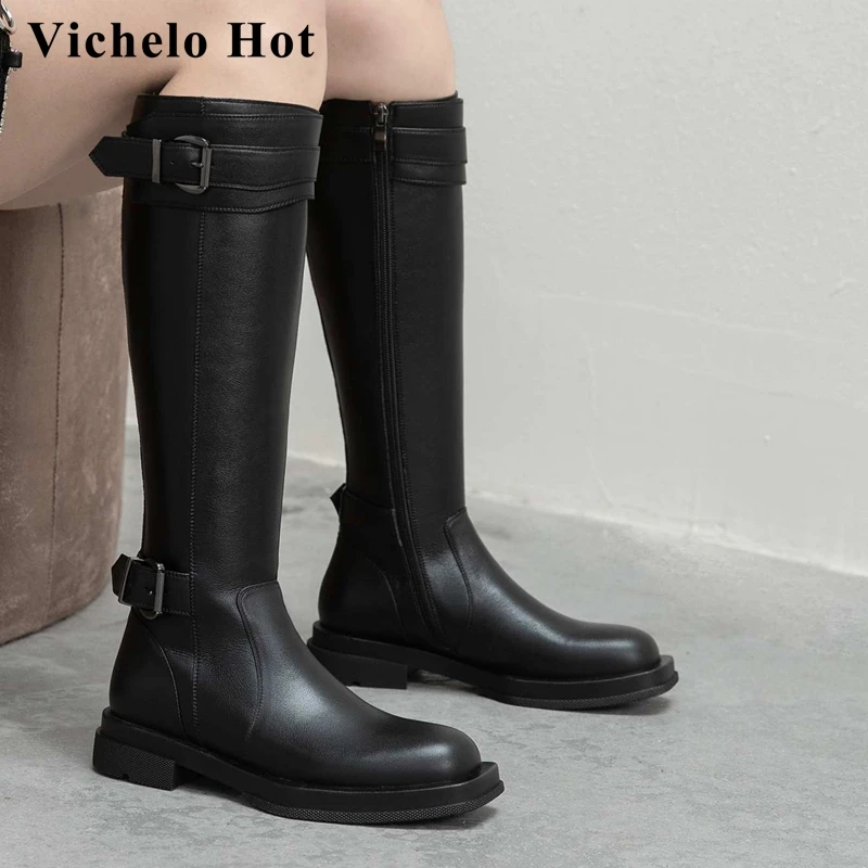 

Ботинки мотоциклетные Vichelo из натуральной кожи, красивые модные высокие сапоги на толстом среднем каблуке, с пряжкой, с круглым носком, L29