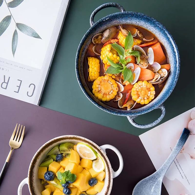 

FANCITY Japanese soup bowl, large ceramic bowl, binaural soup bowl, creative noodle bowl, Japanese salad bowl, household soup bo