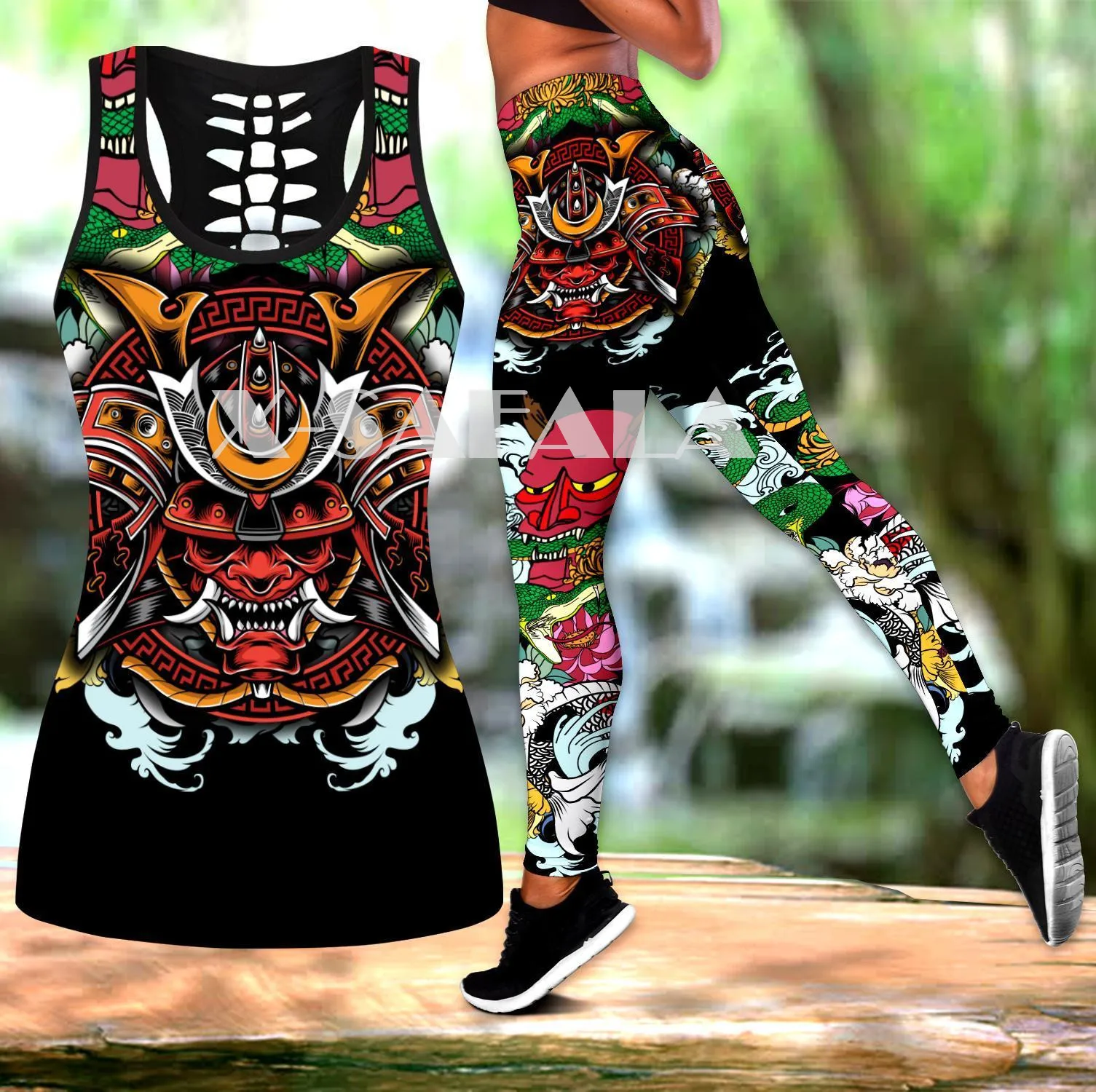 

Samurai Tattoo Art Legings Two Piece Yoga Set Women 3D Print Vest Hollow Out Tank Top High Waist Legging Summer Casual Sport-3