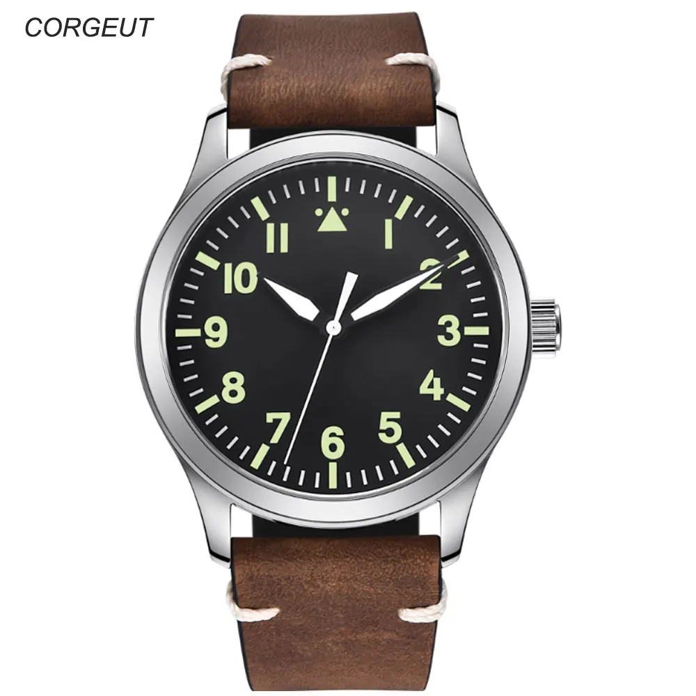42 мм Corgeut черный стерильный циферблат сапфировое стекло кожаный ремешок MIYOTA 8215