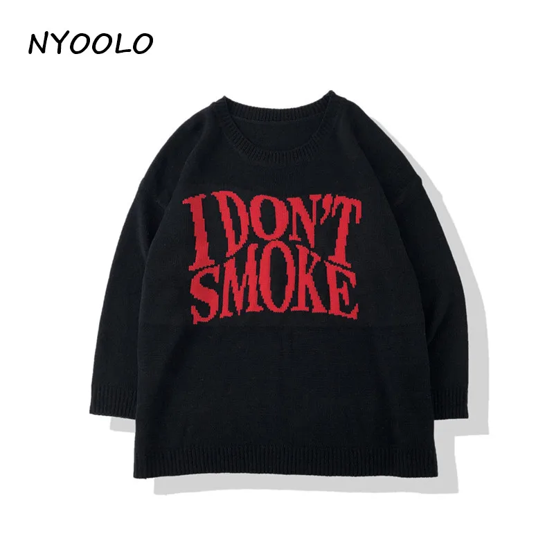 NYOOLO повседневный уличный жаккардовый свободный свитер с надписью «I't SMOKE», осенне-зимний пуловер с длинными рукавами и круглым вырезом, свитер для женщин и мужчин